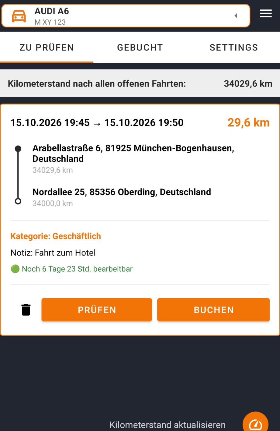 Screenshot des Taxerix Drive Fahrtenbuchs mit einer zu prüfenden Fahrt